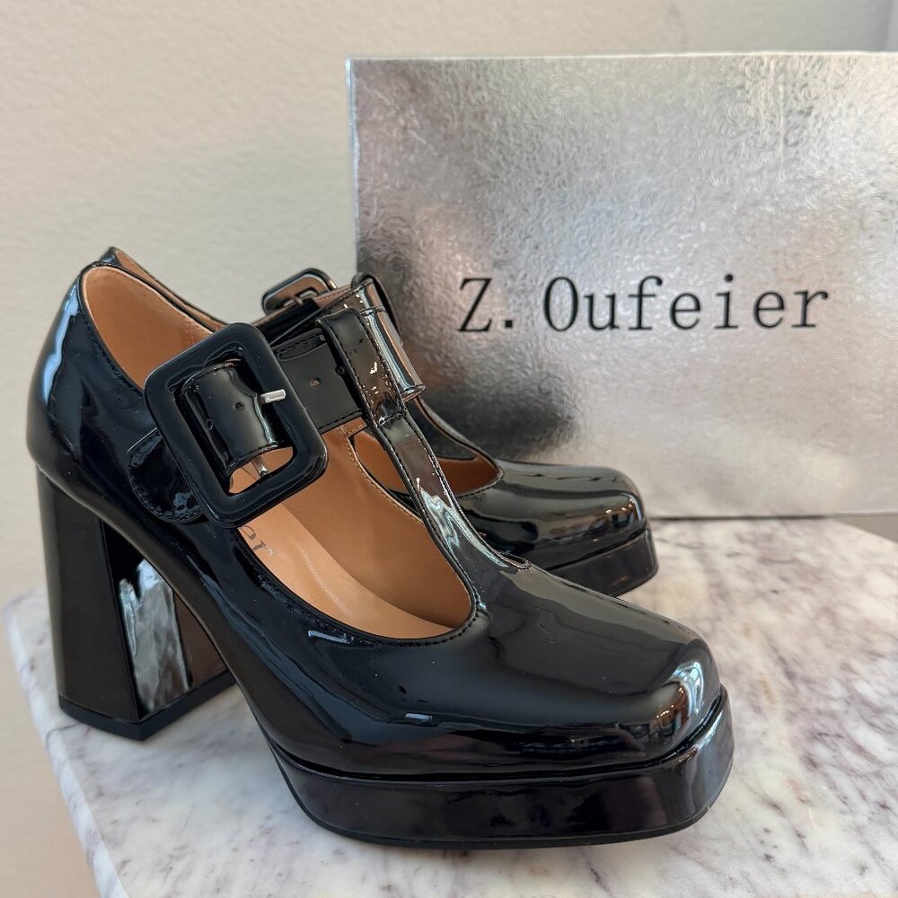 🖤 Black Patent Vegan Leather T-Strap Block Heel Mary Jane Shoes with Buckle